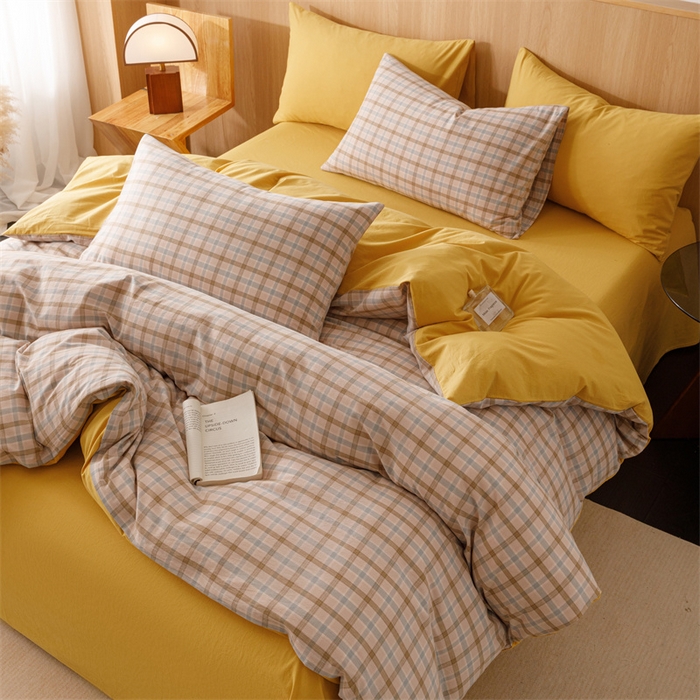 91家纺网 家纺一手货源 找家纺 恬思语2025新款全棉色织水洗棉四件套 云水黄格