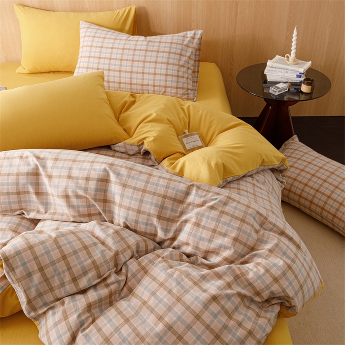 91家纺网 家纺一手货源 找家纺 恬思语2025新款全棉色织水洗棉四件套 云水黄格