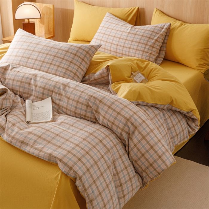 恬思语2025新款全棉色织水洗棉四件套 云水黄格