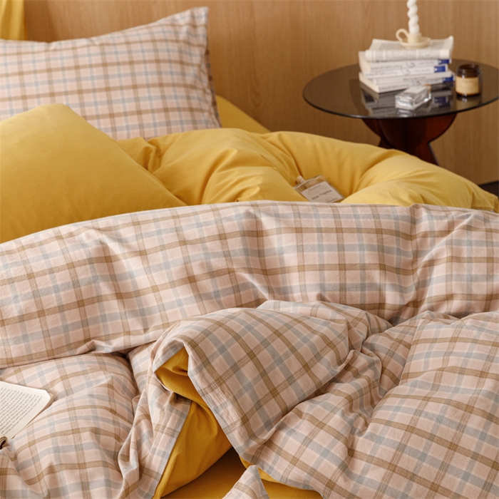 91家纺网 家纺一手货源 找家纺 恬思语2025新款全棉色织水洗棉四件套 云水黄格