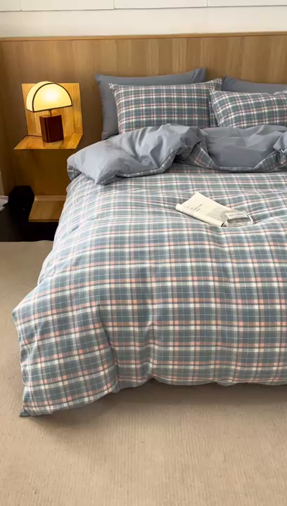 91家纺网 家纺一手货源 找家纺 恬思语2025新款全棉色织水洗棉四件套 初晴蓝