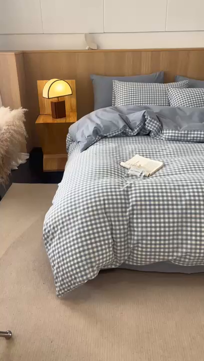 91家纺网 家纺一手货源 找家纺 恬思语2025新款全棉色织水洗棉四件套 蓝小格