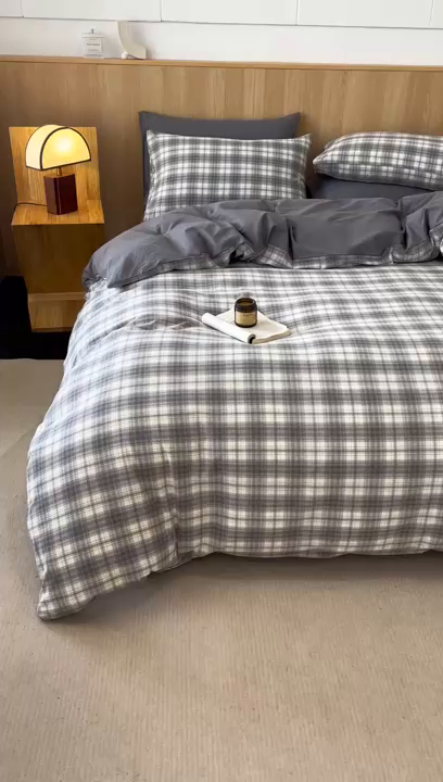 91家纺网 家纺一手货源 找家纺 恬思语2025新款全棉色织水洗棉四件套 石墨灰