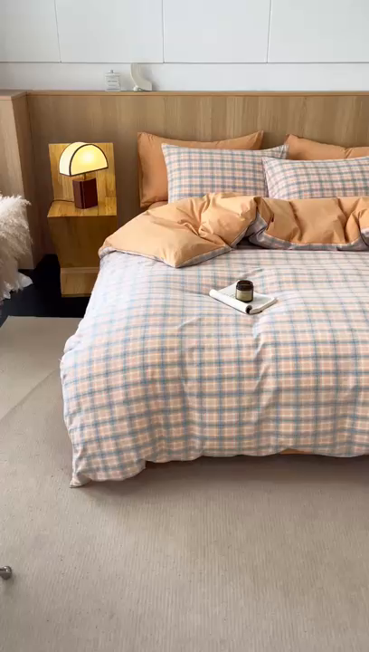 91家纺网 家纺一手货源 找家纺 恬思语2025新款全棉色织水洗棉四件套 云水黄格