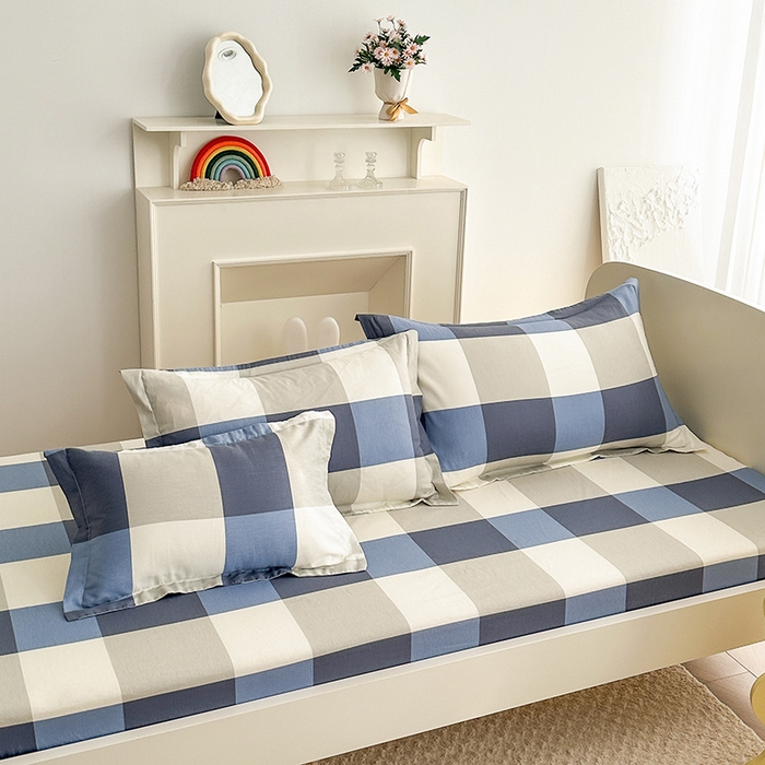 91家纺网 家纺一手货源 找家纺 凌云2025新款13372全棉枕套儿童学生成人枕头套 蓝大格