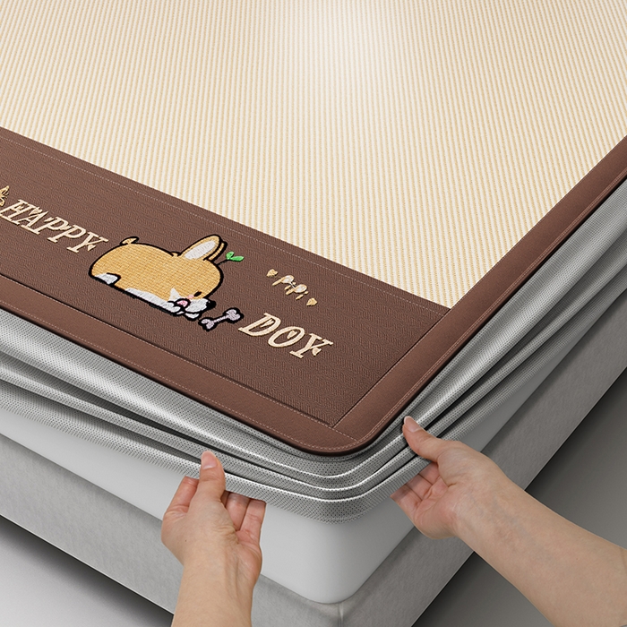 91家纺网 家纺一手货源 找家纺 2025新款斜纹宽柯基凉感冰丝席 斜纹柯基咖-床笠款