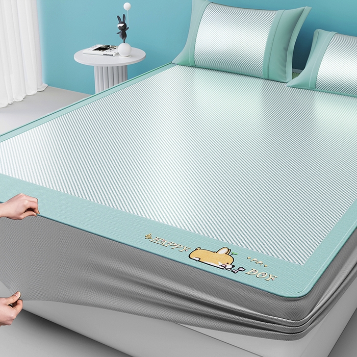 91家纺网 家纺一手货源 找家纺 2025新款斜纹宽柯基凉感冰丝席 斜纹柯基绿-床笠款