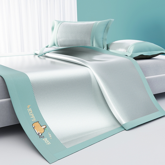 91家纺网 家纺一手货源 找家纺 2025新款斜纹宽柯基凉感冰丝席 斜纹柯基绿-床笠款