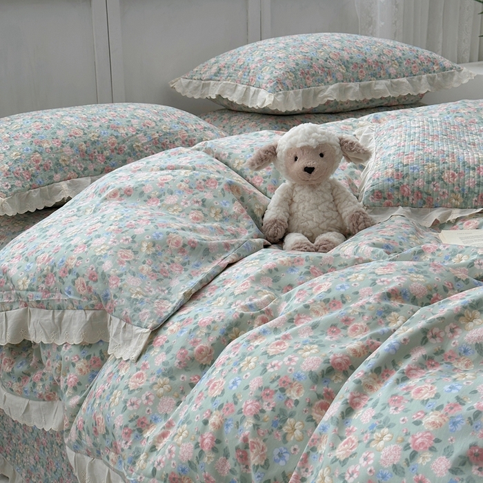 91家纺网 家纺一手货源 找家纺 佰织鑫2025新款纯棉砂洗全棉床盖款四件套-花蔓系列 花溪～绿