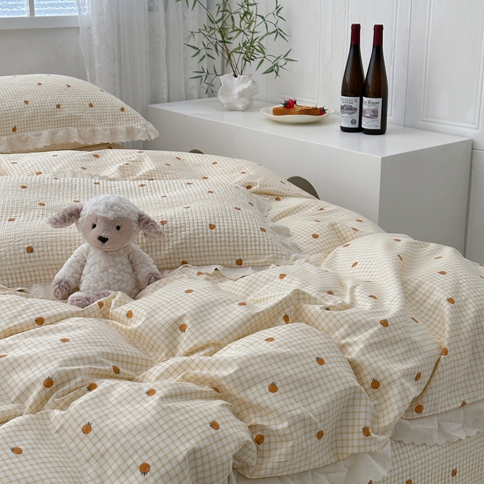 91家纺网 家纺一手货源 找家纺 佰织鑫2025新款纯棉砂洗全棉床盖款四件套-花蔓系列 橙意