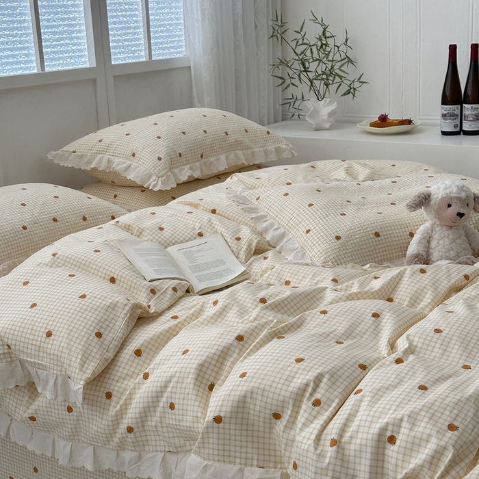 91家纺网 家纺一手货源 找家纺 佰织鑫2025新款纯棉砂洗全棉床盖款四件套-花蔓系列 橙意