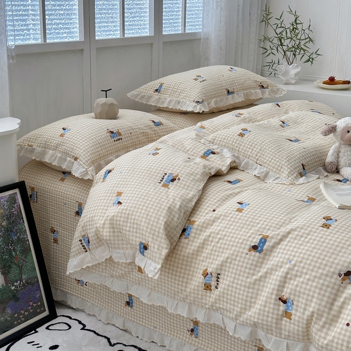 91家纺网 家纺一手货源 找家纺 佰织鑫2025新款纯棉砂洗全棉床盖款四件套-花蔓系列 俏皮狗