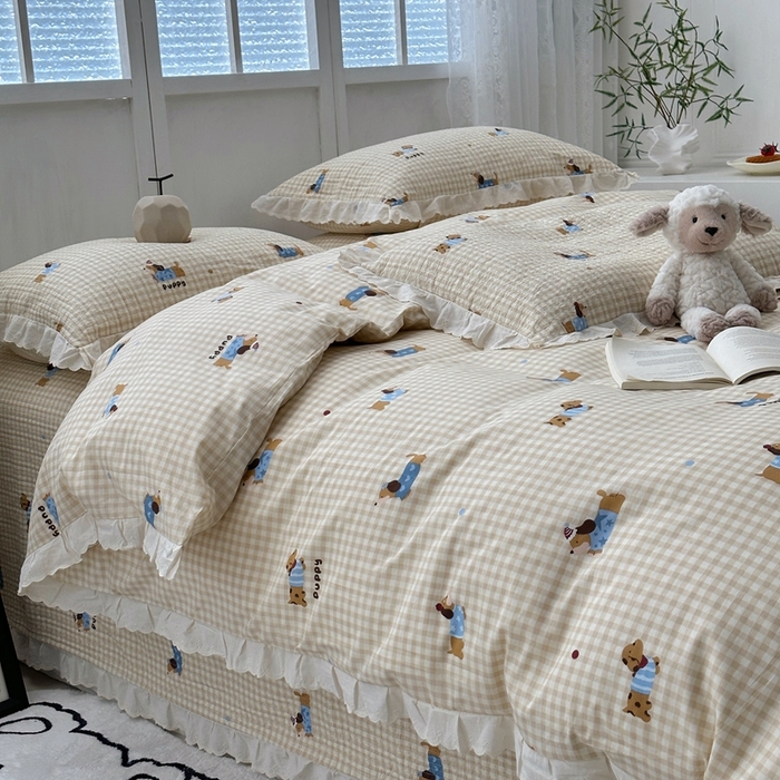 91家纺网 家纺一手货源 找家纺 佰织鑫2025新款纯棉砂洗全棉床盖款四件套-花蔓系列 俏皮狗