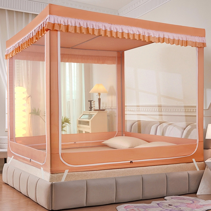 显高蚊帐 2025春夏新款U门纯色花边款坐床式蚊帐 温馨黄-花边款