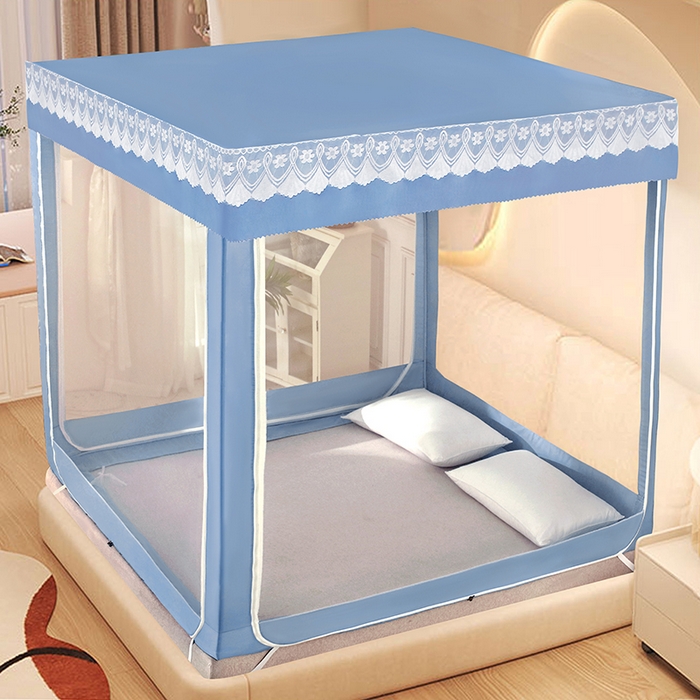 显高蚊帐 2025春夏新款U门纯色花边款坐床式蚊帐 时尚蓝-蕾丝款