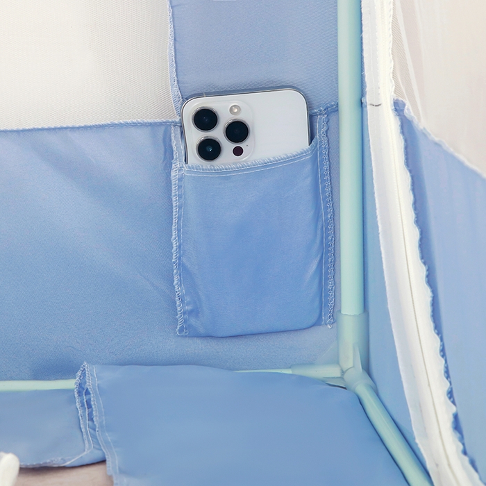 91家纺网 家纺一手货源 找家纺 显高蚊帐 2025春夏新款U门纯色花边款坐床式蚊帐 时尚蓝-花边款