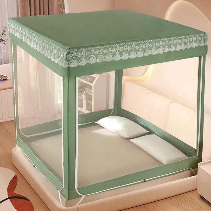 显高蚊帐 2025春夏新款U门纯色花边款坐床式蚊帐 抹茶绿-蕾丝款