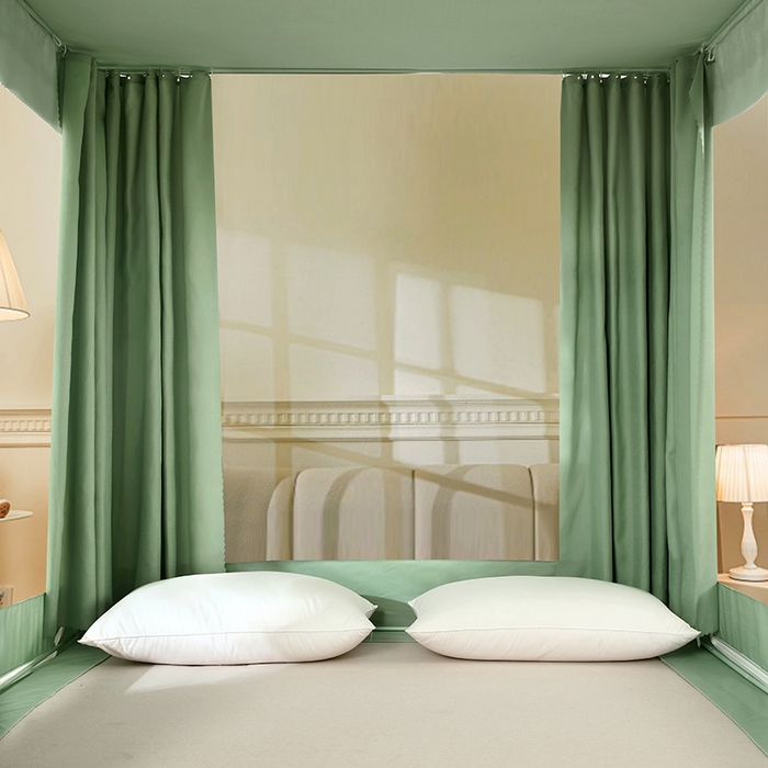 91家纺网 家纺一手货源 找家纺 显高蚊帐 2025春夏新款U门纯色花边款坐床式蚊帐 抹茶绿-蕾丝款