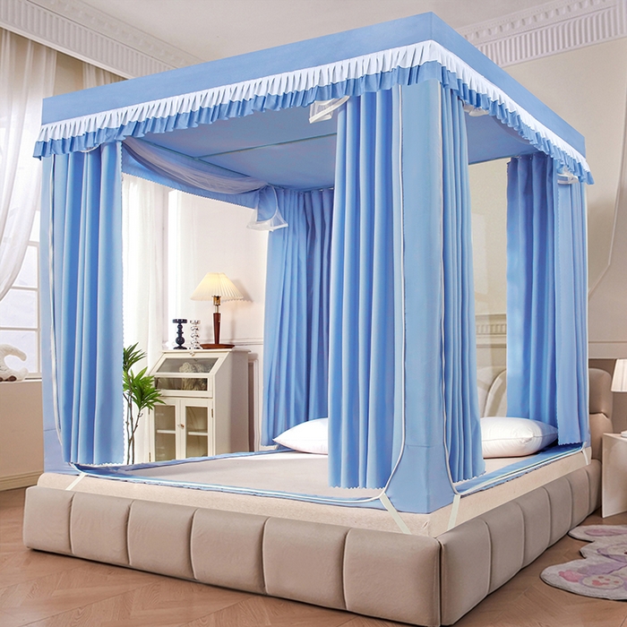 91家纺网 家纺一手货源 找家纺 显高蚊帐 2025春夏新款U门纯色花边款坐床式蚊帐 时尚蓝-花边款