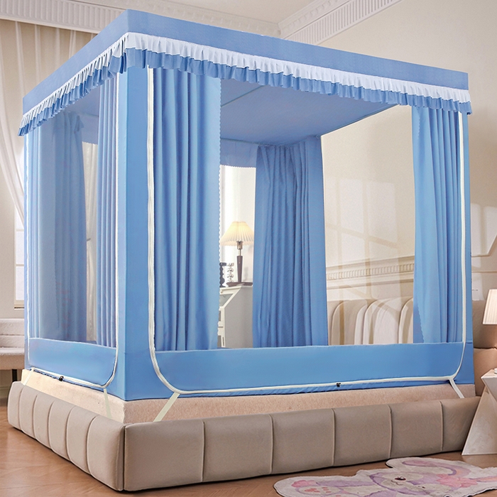 91家纺网 家纺一手货源 找家纺 显高蚊帐 2025春夏新款U门纯色花边款坐床式蚊帐 时尚蓝-花边款