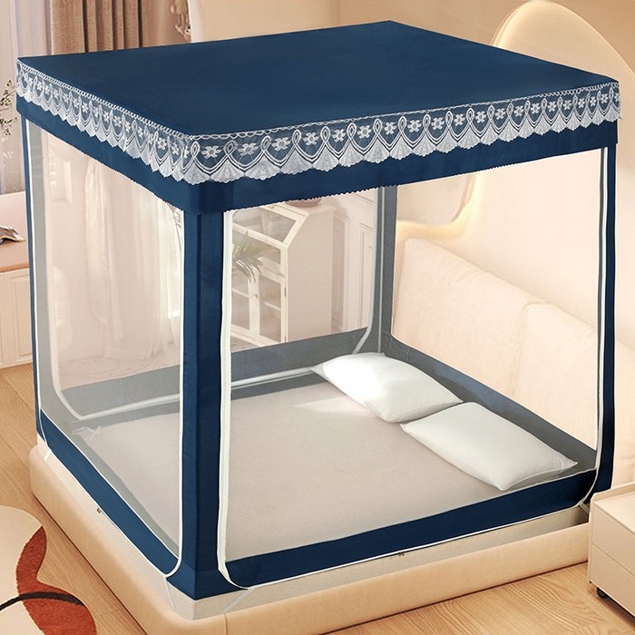 显高蚊帐 2025春夏新款U门纯色花边款坐床式蚊帐 宝石蓝-蕾丝款