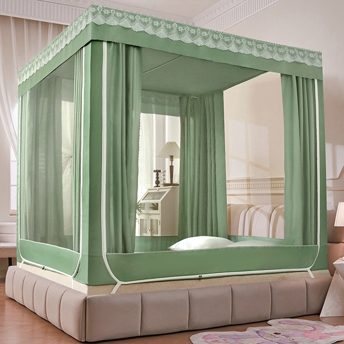 91家纺网 家纺一手货源 找家纺 显高蚊帐 2025春夏新款U门纯色花边款坐床式蚊帐 抹茶绿-蕾丝款