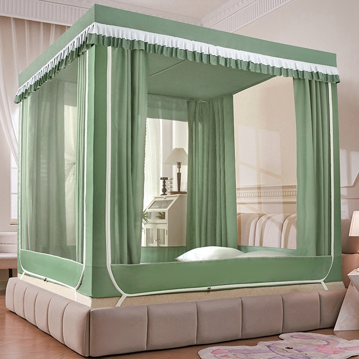 91家纺网 家纺一手货源 找家纺 显高蚊帐 2025春夏新款U门纯色花边款坐床式蚊帐 抹茶绿-花边款