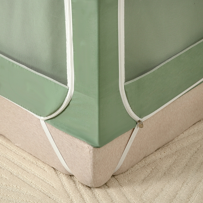 91家纺网 家纺一手货源 找家纺 显高蚊帐 2025春夏新款U门纯色花边款坐床式蚊帐 抹茶绿-花边款