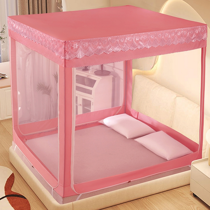 显高蚊帐 2025春夏新款U门纯色花边款坐床式蚊帐 樱花粉-蕾丝款