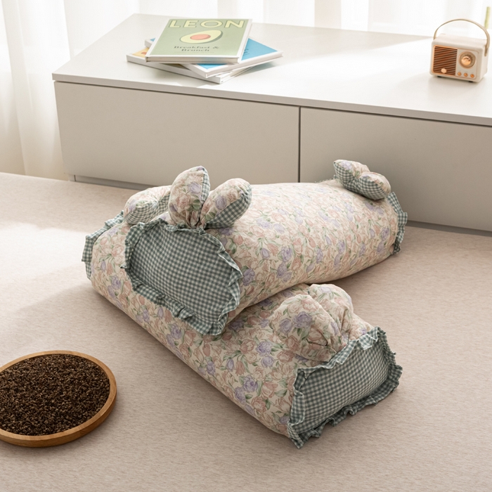 91家纺网 家纺一手货源 找家纺 萌番宝 2025新款小清新全棉纯棉兔耳全荞麦皮壳枕头护颈椎助睡眠硬枕头枕芯 双层纱荞麦枕—七朵 50x18x10cm/只