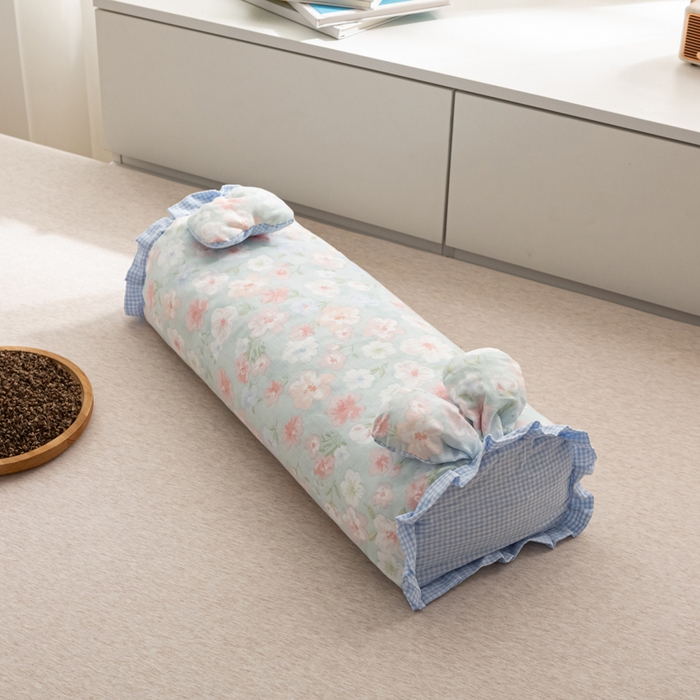 91家纺网 家纺一手货源 找家纺 萌番宝 2025新款小清新全棉纯棉兔耳全荞麦皮壳枕头护颈椎助睡眠硬枕头枕芯 双层纱荞麦枕—蓝の莲花 50x18x10cm/只