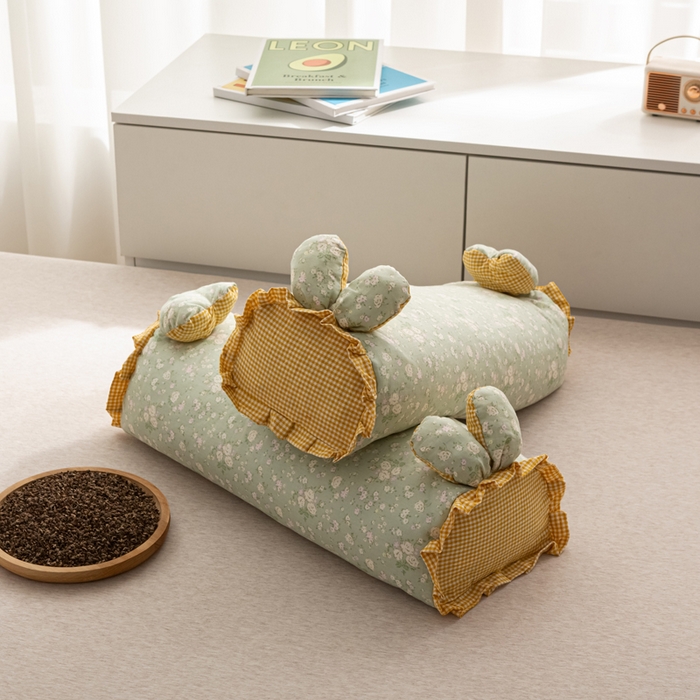 91家纺网 家纺一手货源 找家纺 萌番宝 2025新款小清新全棉纯棉兔耳全荞麦皮壳枕头护颈椎助睡眠硬枕头枕芯 双层纱荞麦枕—青花仙梦 50x18x10cm/只