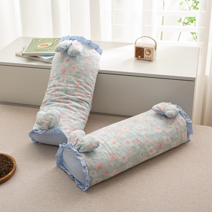 91家纺网 家纺一手货源 找家纺 萌番宝 2025新款小清新全棉纯棉兔耳全荞麦皮壳枕头护颈椎助睡眠硬枕头枕芯 双层纱荞麦枕—蓝の莲花 50x18x10cm/只