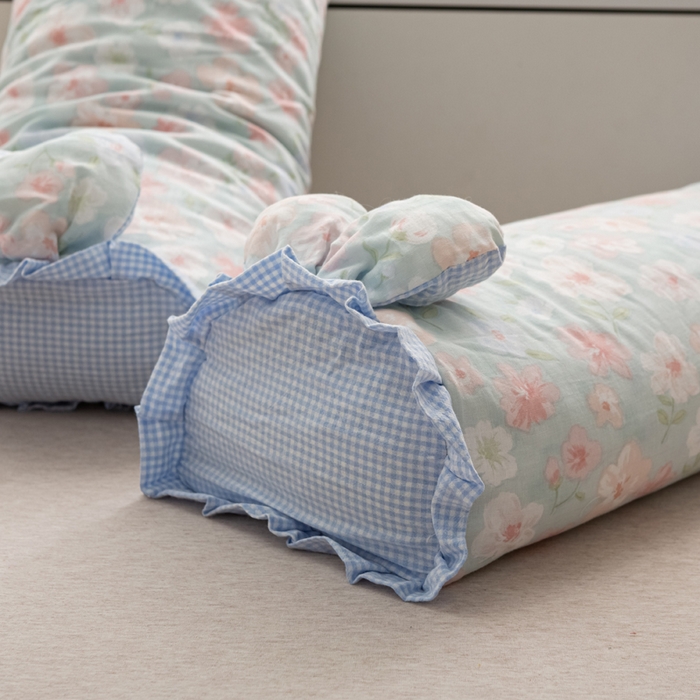 91家纺网 家纺一手货源 找家纺 萌番宝 2025新款小清新全棉纯棉兔耳全荞麦皮壳枕头护颈椎助睡眠硬枕头枕芯 双层纱荞麦枕—蓝の莲花 50x18x10cm/只