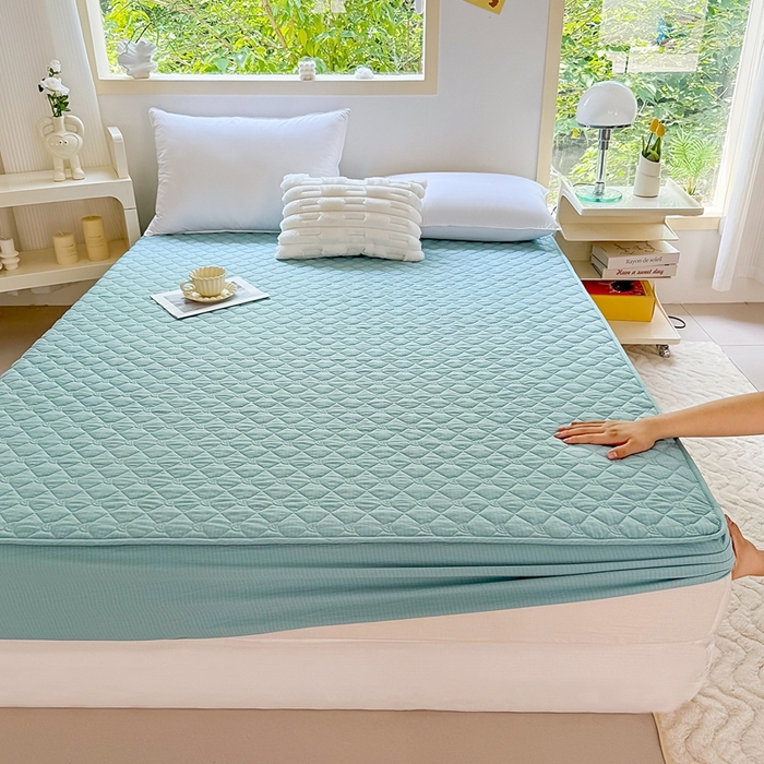 91家纺网 家纺一手货源 找家纺 仟网汇2025新款新款皱皱纱夹棉床笠 湖蓝