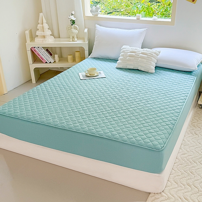 仟网汇2025新款新款皱皱纱夹棉床笠 湖蓝