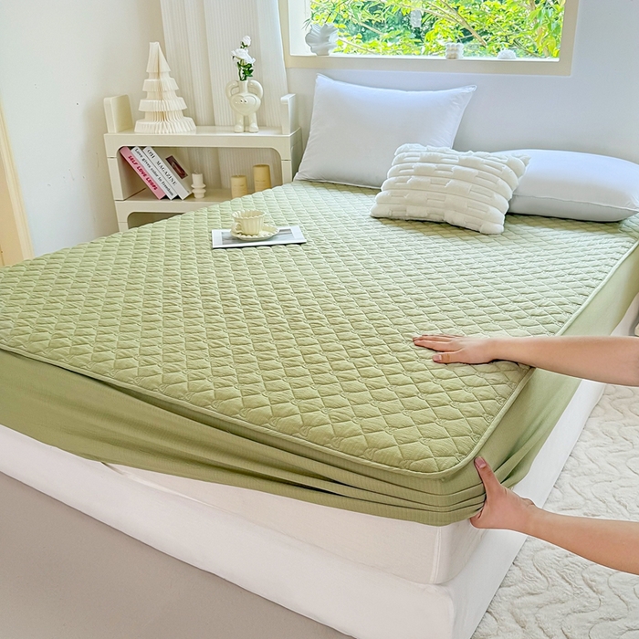 91家纺网 家纺一手货源 找家纺 仟网汇2025新款新款皱皱纱夹棉床笠 绿色