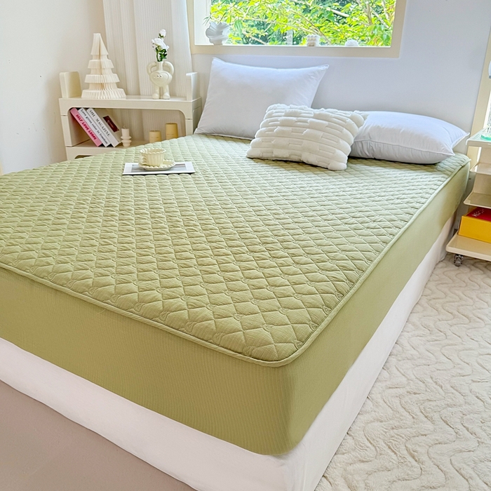 91家纺网 家纺一手货源 找家纺 仟网汇2025新款新款皱皱纱夹棉床笠 绿色