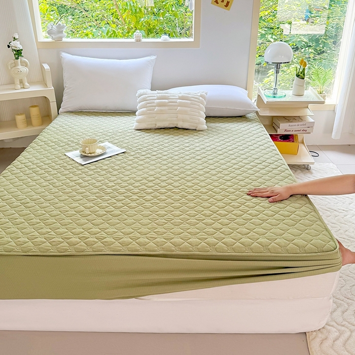 91家纺网 家纺一手货源 找家纺 仟网汇2025新款新款皱皱纱夹棉床笠 绿色