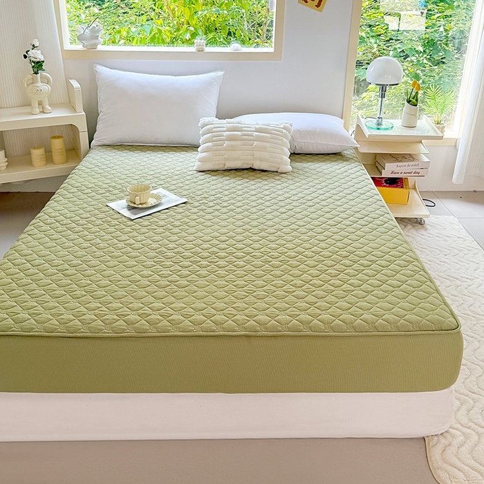 91家纺网 家纺一手货源 找家纺 仟网汇2025新款新款皱皱纱夹棉床笠 绿色