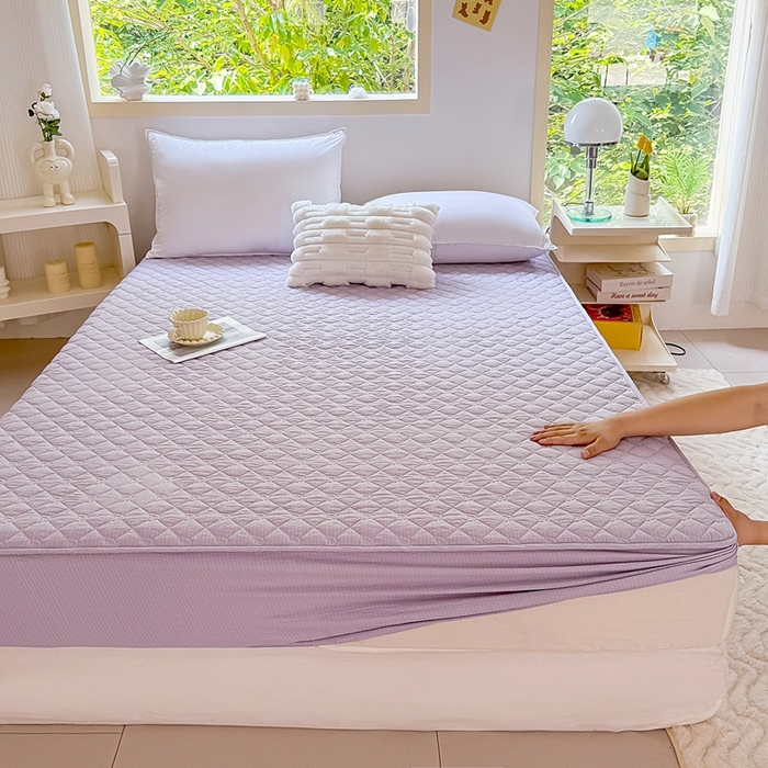 91家纺网 家纺一手货源 找家纺 仟网汇2025新款新款皱皱纱夹棉床笠 紫色