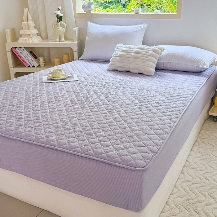 91家纺网 家纺一手货源 找家纺 仟网汇2025新款新款皱皱纱夹棉床笠 紫色