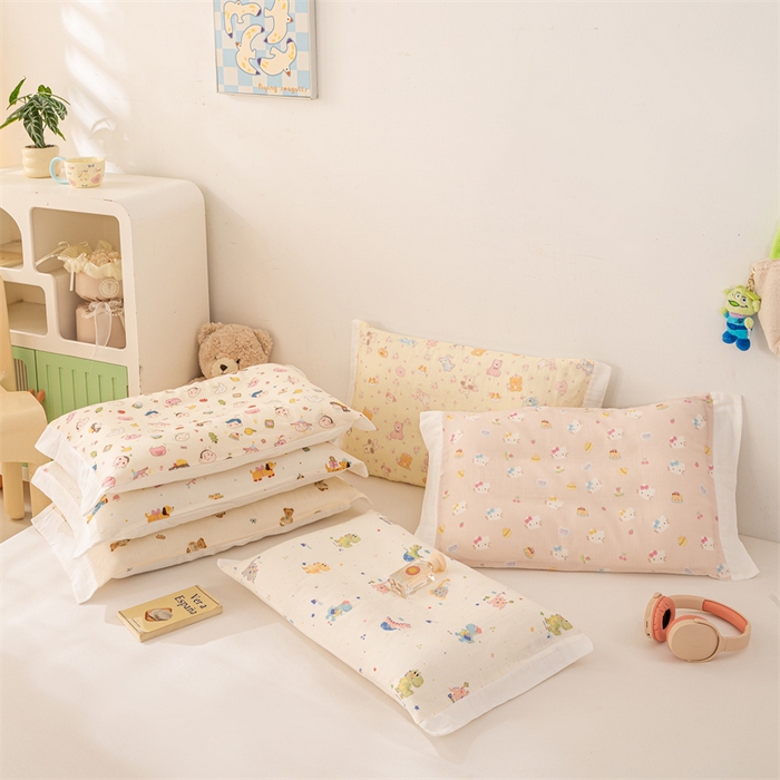 91家纺网 家纺一手货源 找家纺 灰鲸 2025春夏新款全棉纯棉双层纱压线宽边儿童枕套单枕套 组合图仅供参考