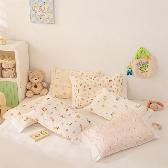 91家纺网 家纺一手货源 找家纺 灰鲸 2025春夏新款全棉纯棉双层纱压线宽边儿童枕套单枕套 组合图仅供参考