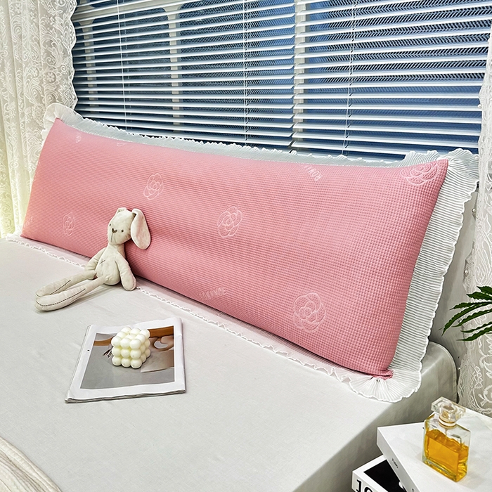 雨彤家纺 2025新款冰豆豆蕾丝花边双人长枕套单品枕套枕套单件 山茶花-粉