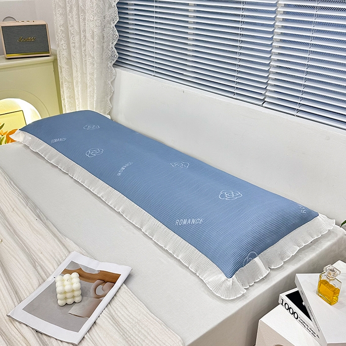 91家纺网 家纺一手货源 找家纺 雨彤家纺 2025新款冰豆豆蕾丝花边双人长枕套单品枕套枕套单件 山茶花-湖蓝