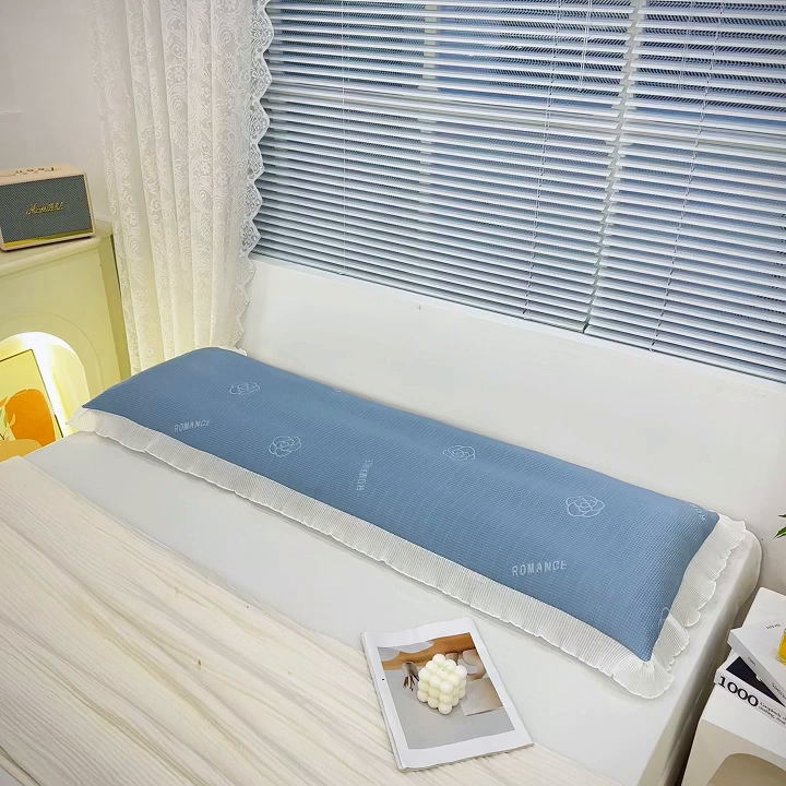 91家纺网 家纺一手货源 找家纺 雨彤家纺 2025新款冰豆豆蕾丝花边双人长枕套单品枕套枕套单件 山茶花-湖蓝