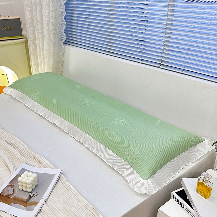 91家纺网 家纺一手货源 找家纺 雨彤家纺 2025新款冰豆豆蕾丝花边双人长枕套单品枕套枕套单件 山茶花-绿