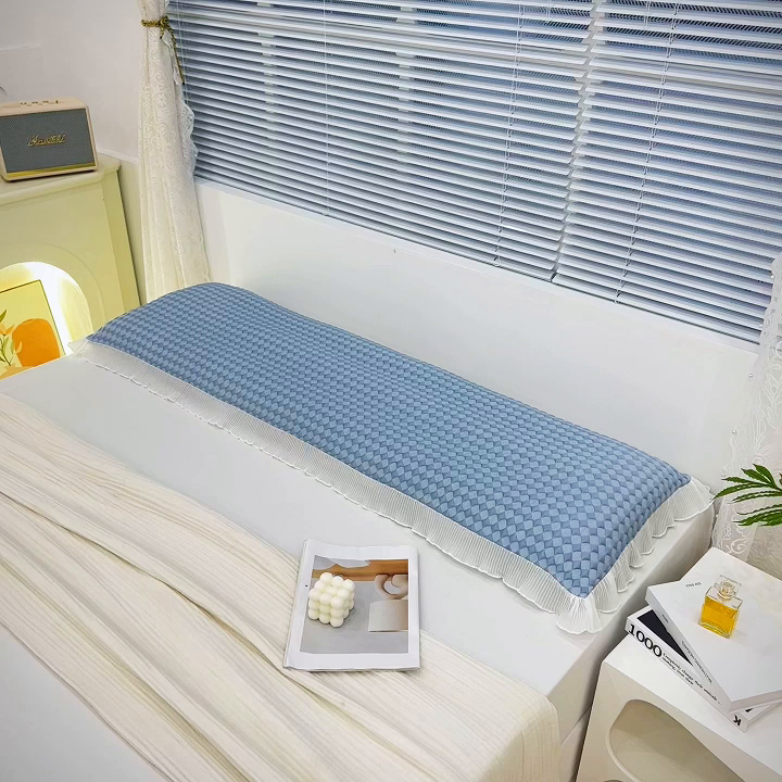 91家纺网 家纺一手货源 找家纺 雨彤家纺 2025新款冰豆豆蕾丝花边双人长枕套单品枕套枕套单件 小菱形-蓝