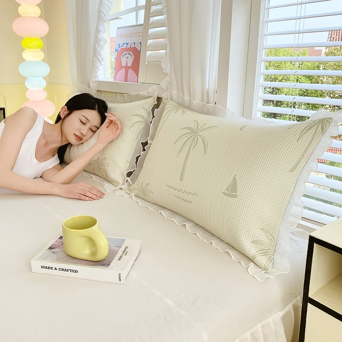 91家纺网 家纺一手货源 找家纺 雨彤家纺 2025新款冰豆豆蕾丝花边单人枕套单品枕套枕套单件 一帆风顺-浅绿